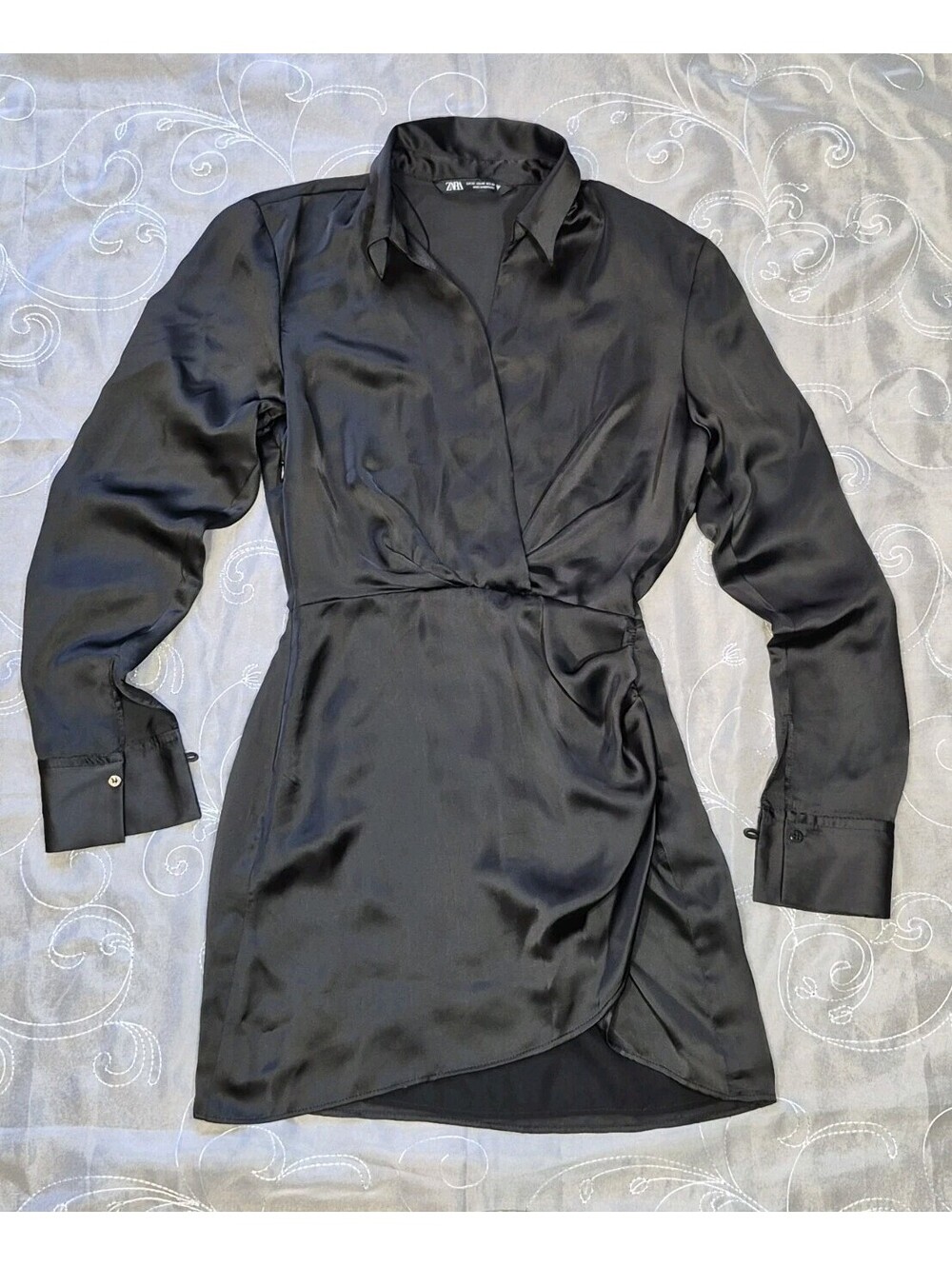Zara Cocktail Dress Women's Size XS Gunmetal Satin V-Neck Lined
